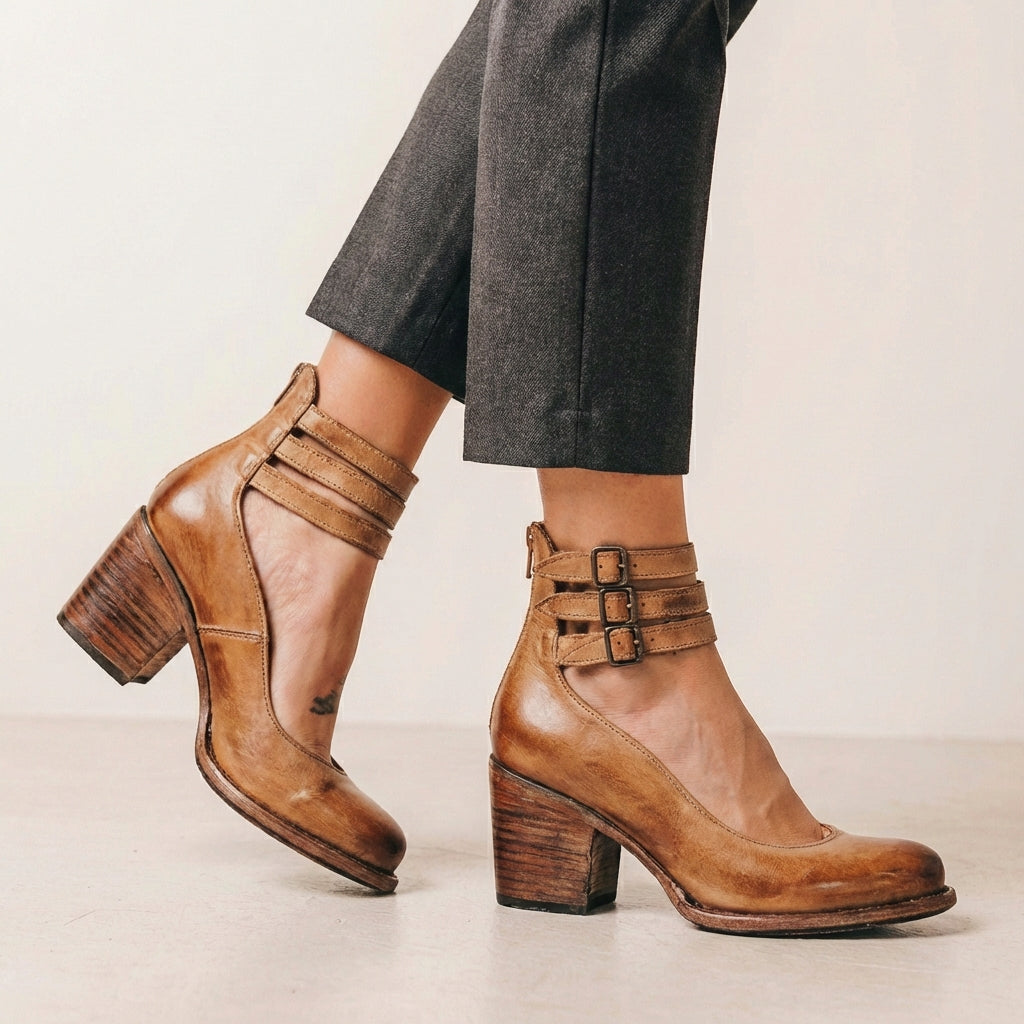 Distressed Vegan Leather Block Heel Pumps with Buckled Ankle Straps and Cut-Out Details