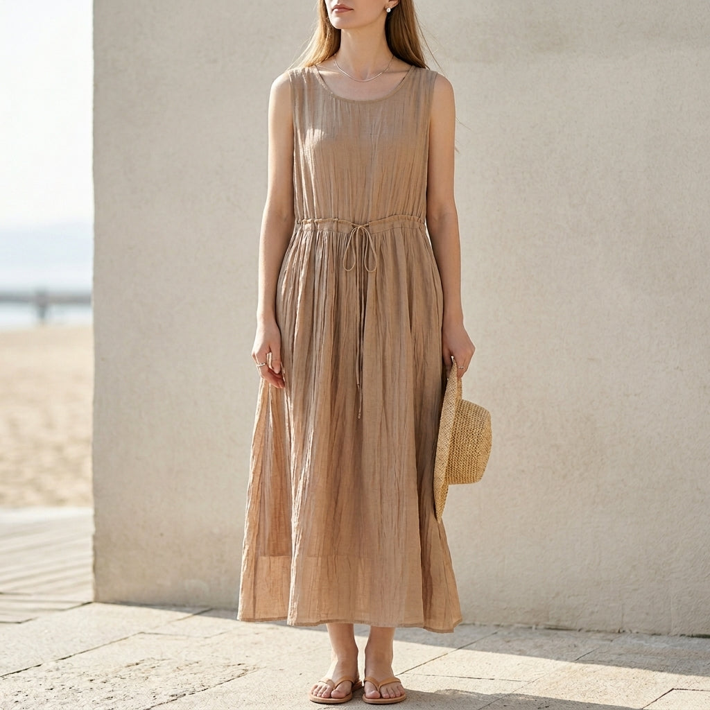 Sleeveless Maxi Tank Dress with Drawstring Waist and Crinkled Texture