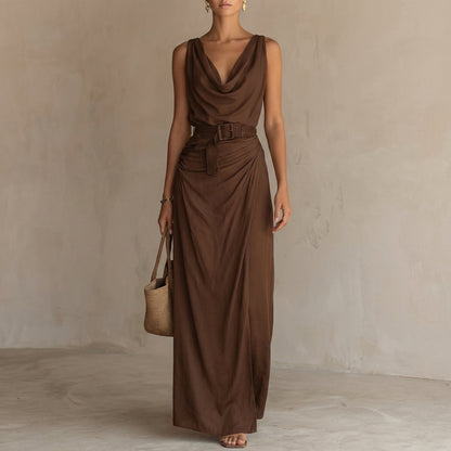 Flowing Cowl Neck Sleeveless Maxi Dress with Draped Belted Waist