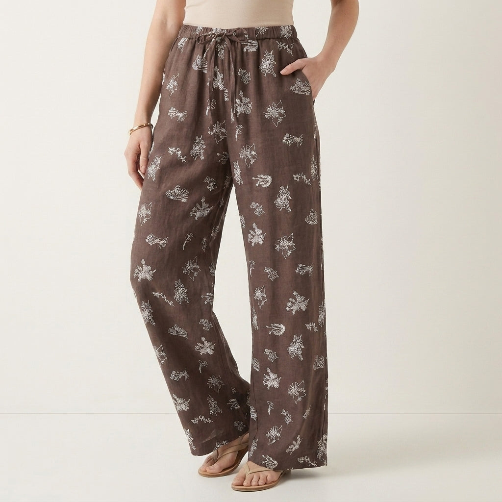 Botanical Print Wide-Leg Lounge Pants with Drawstring Waist