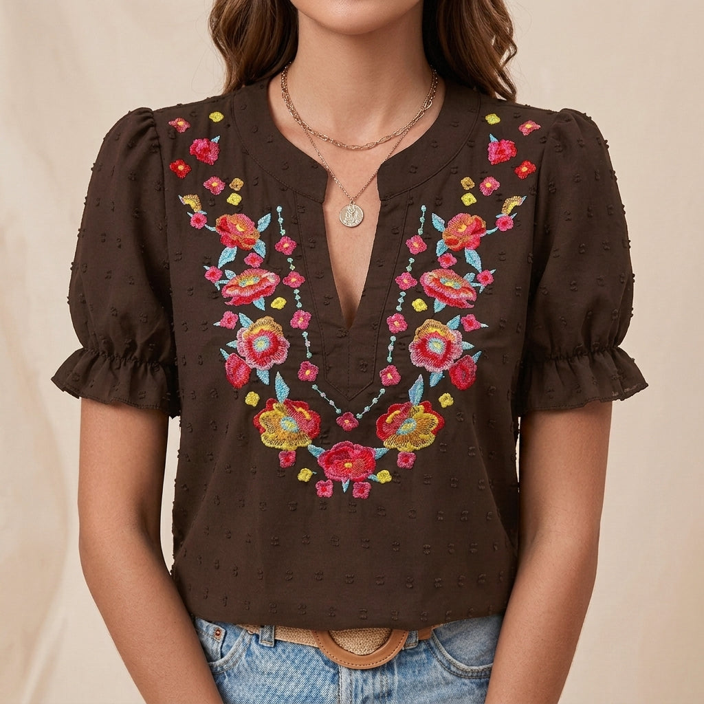 Embroidered Floral Notch Neckline Blouse with Puff Sleeve Detail