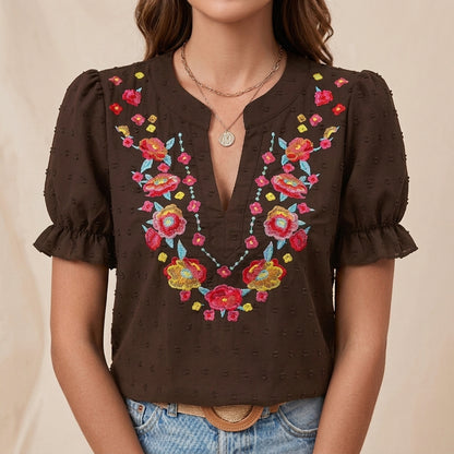 Embroidered Floral Notch Neckline Blouse with Puff Sleeve Detail