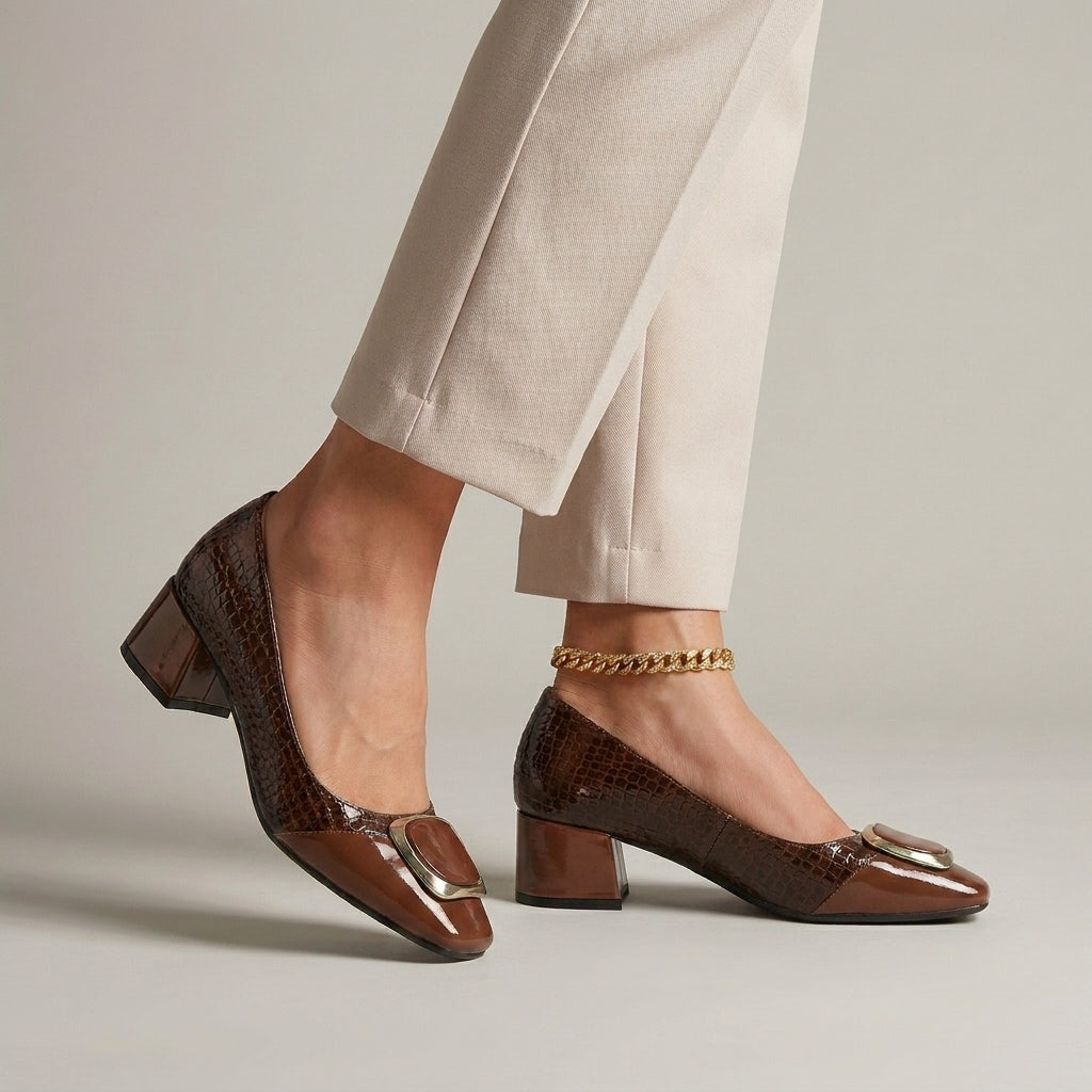 Textured Block Heel Pumps with Elegant Metallic Accent Detail