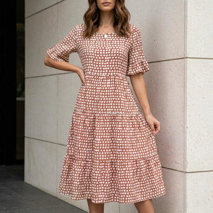 Soft Mosaic Print Tiered Midi Dress