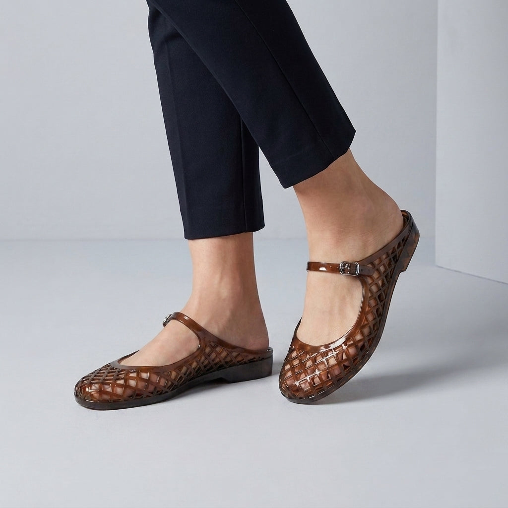 Structured Mary Jane Flat Sandals with Geometric Hollow-Out Lattice