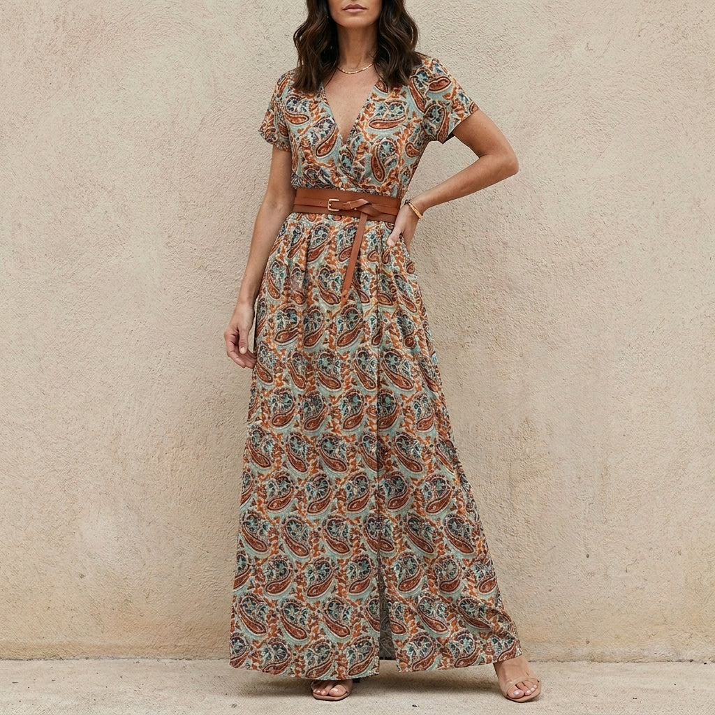 Bohemian Printed Maxi Dress with Belted Waist Detail