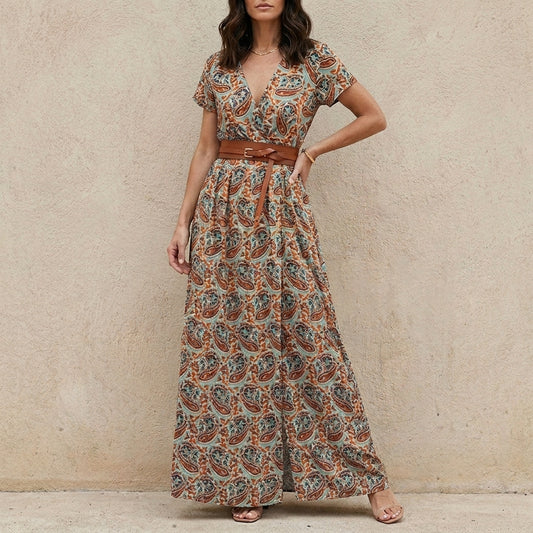 Bohemian Printed Maxi Dress with Belted Waist Detail