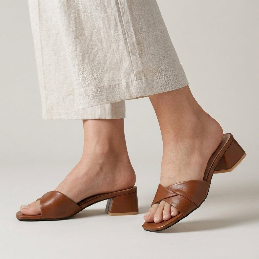 Elegant Cross-Strap Block Heel Slide Sandals