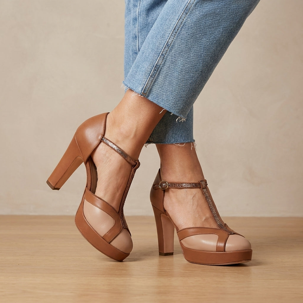 T-Strap Platform Heels with Glitter Embellished Accents