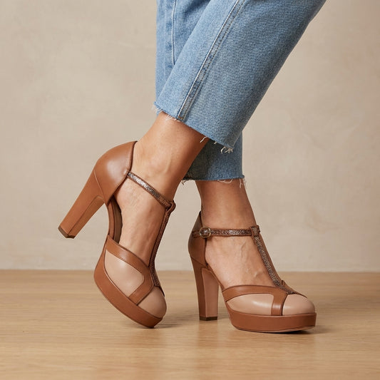 T-Strap Platform Heels with Glitter Embellished Accents