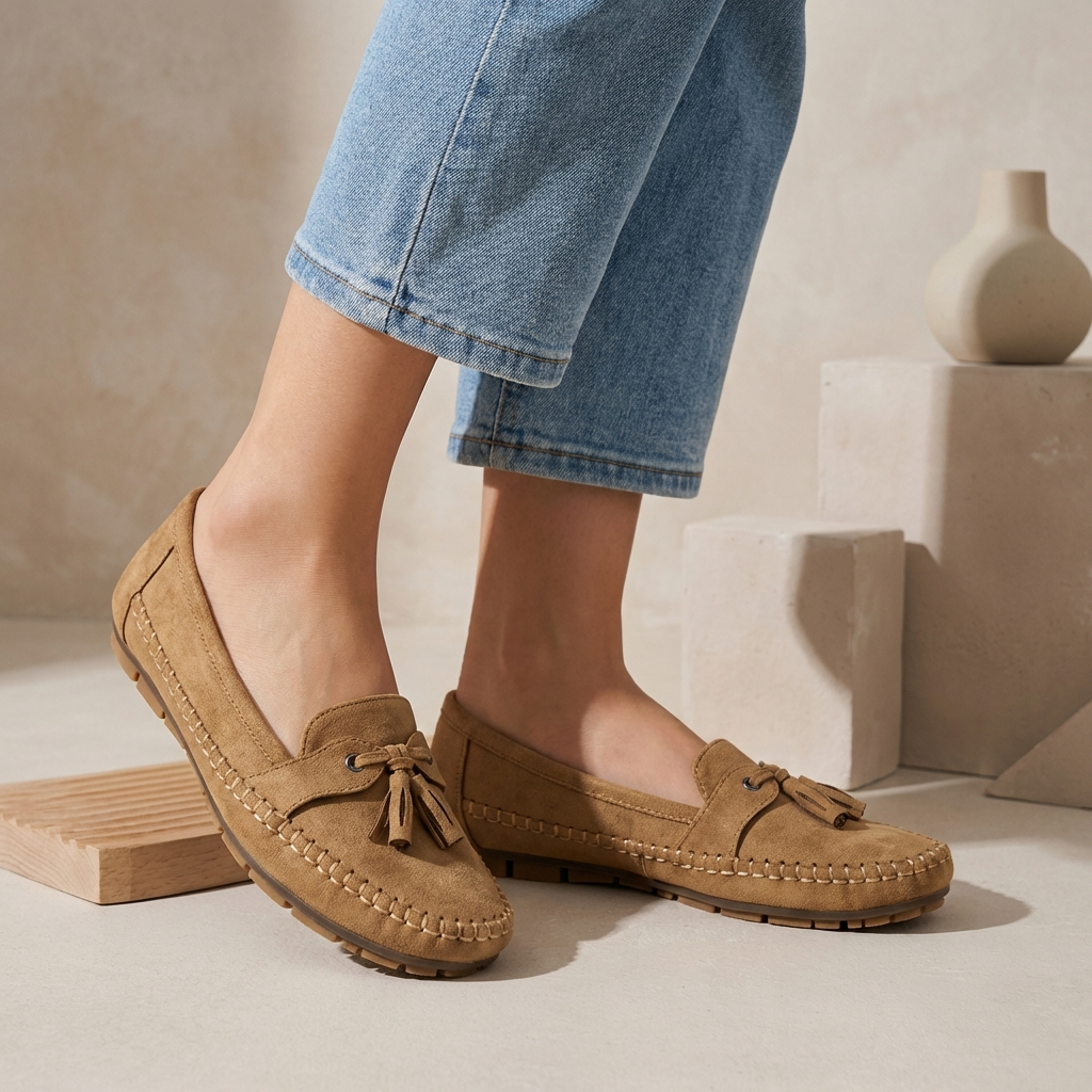 Suede Slip-On Loafers with Decorative Tassel Bow and Moccasin Stitching