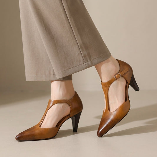 Vintage T-Strap Pointed Toe Mid-Heel Pumps
