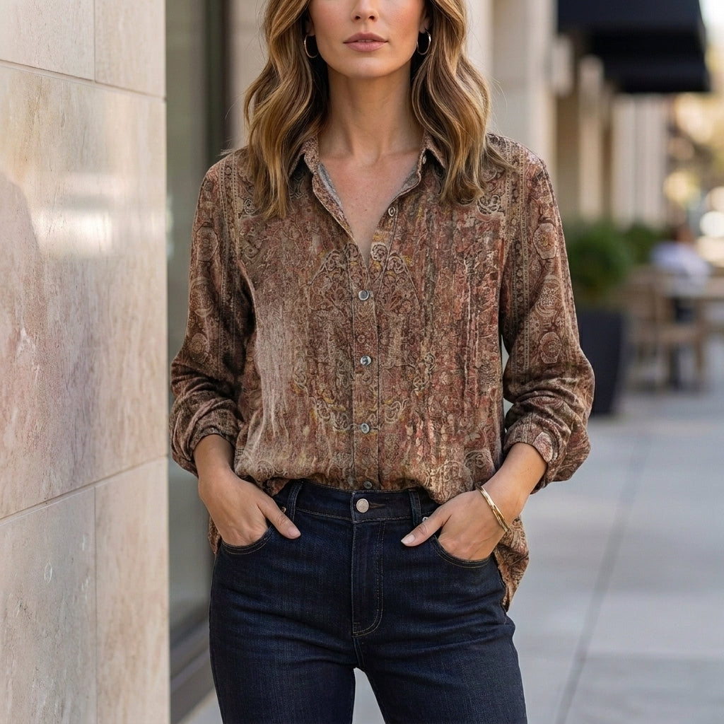 Abstract Print Oversized Blouse with Relaxed Coastal Resort Silhouette