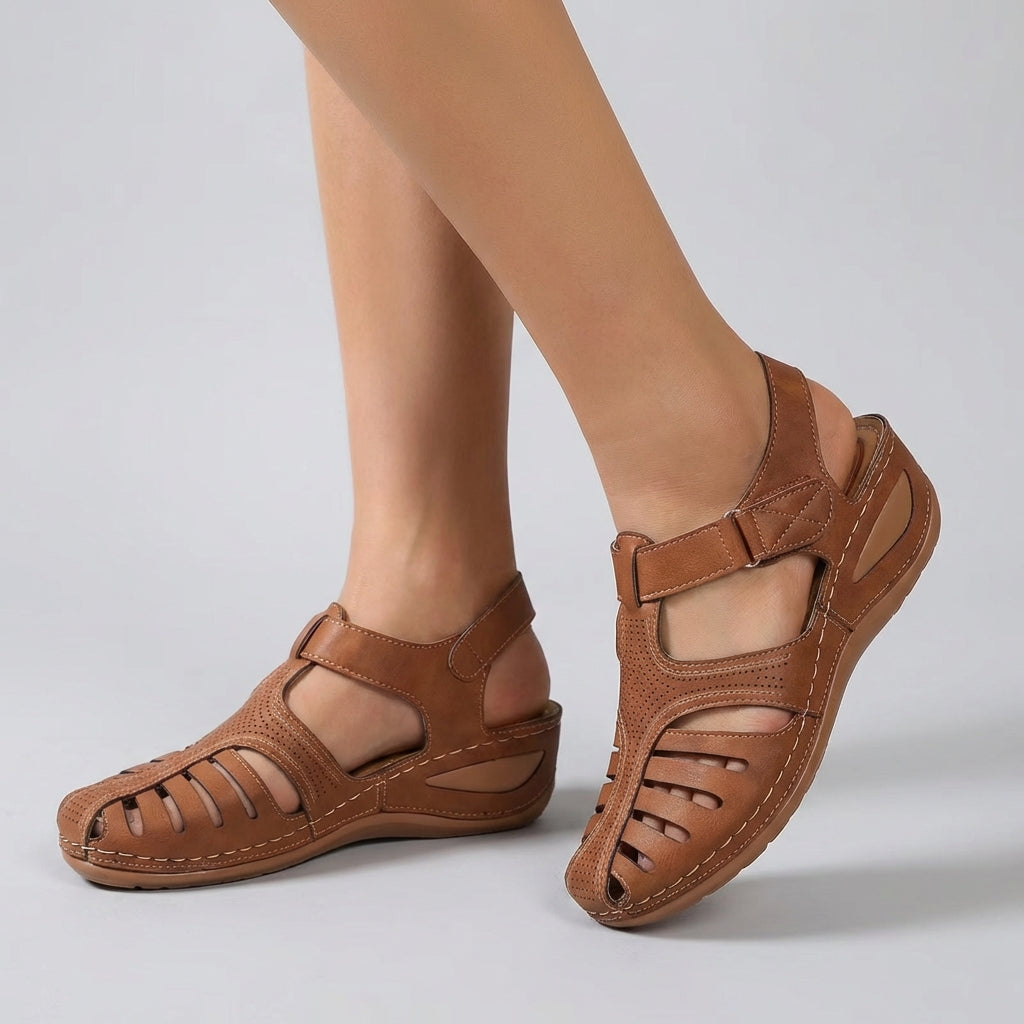 Refined Leather Wedge Sandals with Perforated Cut-Outs and Ankle Strap
