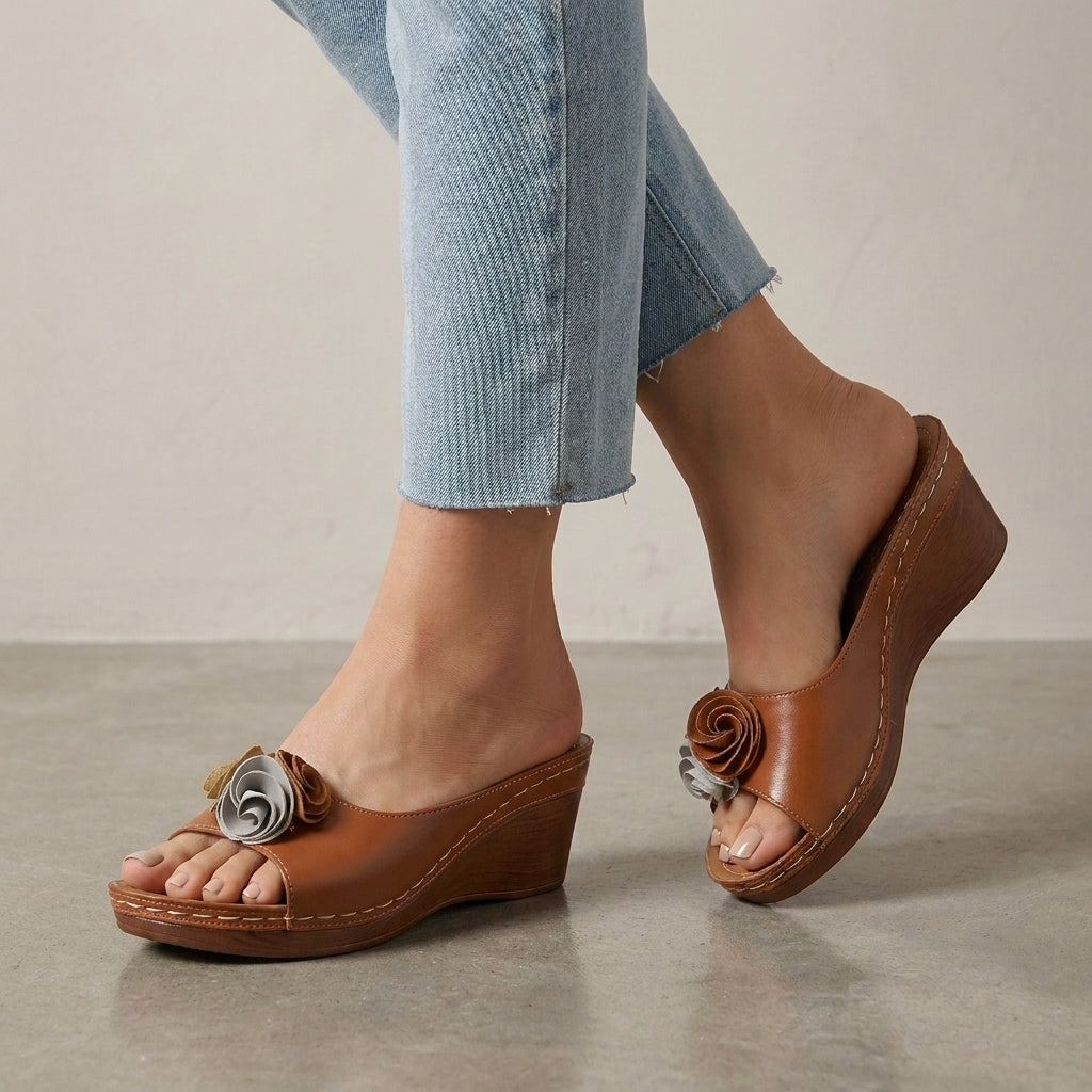 Wedge Slide Sandals with Layered Floral Accent and Cushioned Footbed