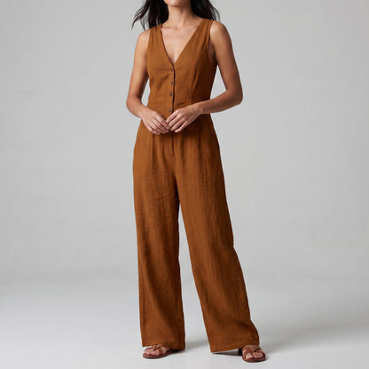 Textured Wide-Leg Sleeveless Jumpsuit with Tailored Bodice and Button Front