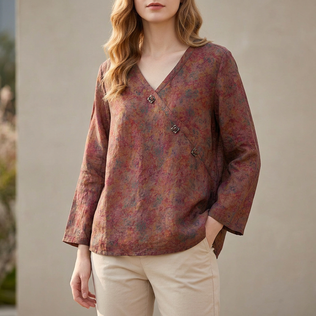 Relaxed Crosswrap Blouse with V-Neck and High-Low Hem