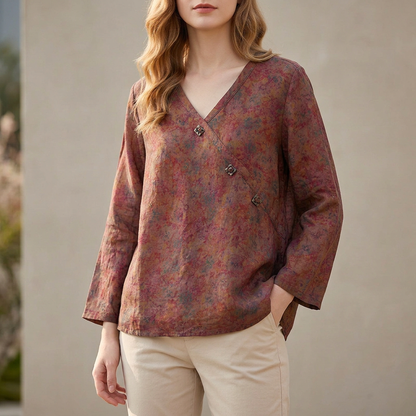 Relaxed Crosswrap Blouse with V-Neck and High-Low Hem