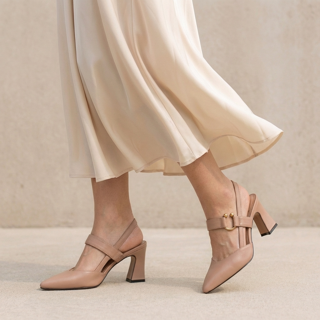 Pointed Toe Slingback Block Heels with Metallic Accent