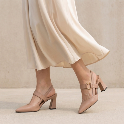 Pointed Toe Slingback Block Heels with Metallic Accent