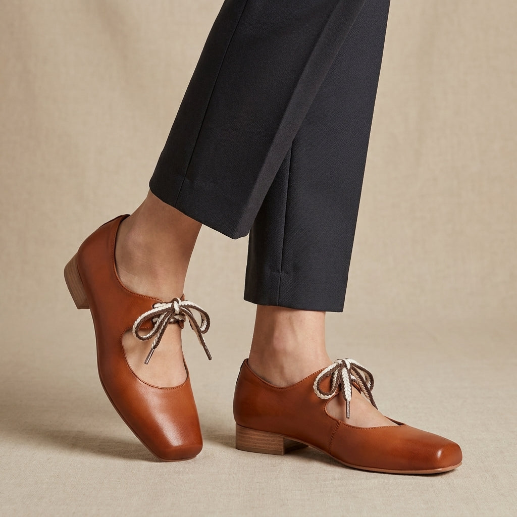 Square-Toe Ballerinas with Braided Lace-Up and Low Block Heel