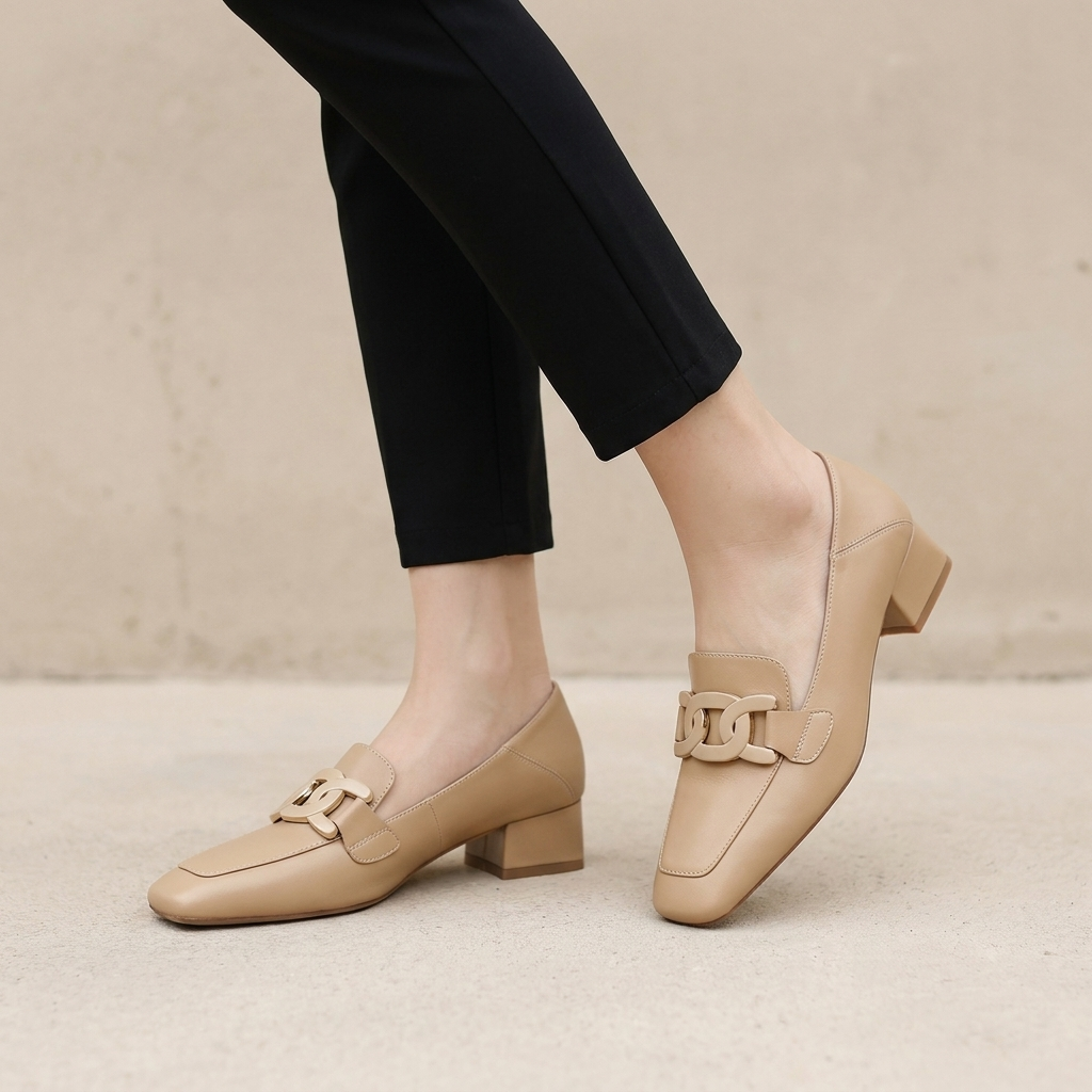 Structured Orthopedic Block-Heel Loafers with Interlocking Chain Detail