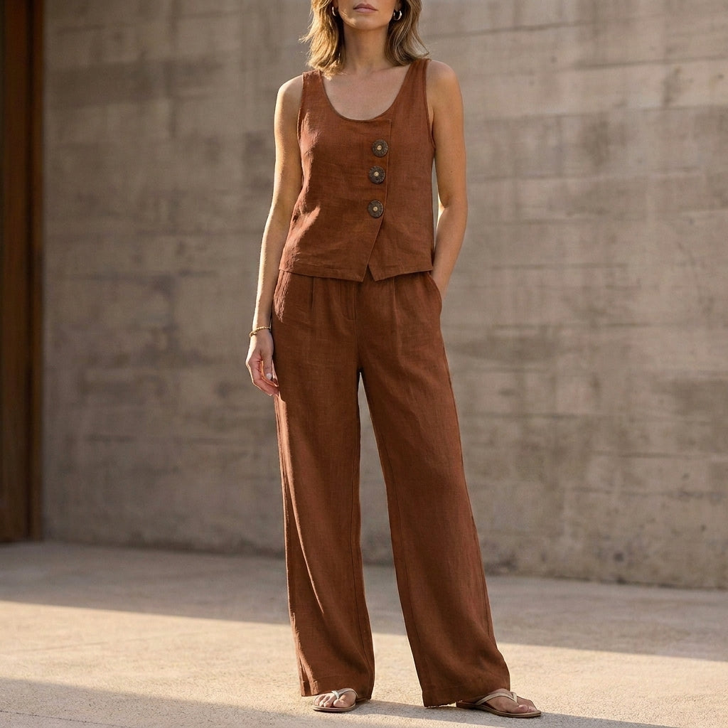 Relaxed Sleeveless Two-Piece Set with Decorative Buttons and Wide-Leg Trousers