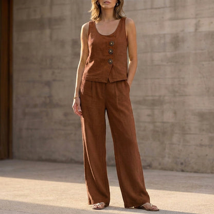 Relaxed Sleeveless Two-Piece Set with Decorative Buttons and Wide-Leg Trousers