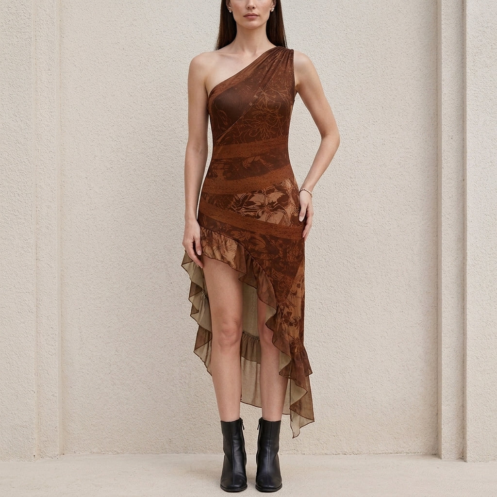 Bohemian One-Shoulder Printed High-Slit Maxi Dress