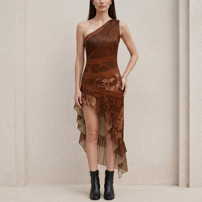 Bohemian One-Shoulder Printed High-Slit Maxi Dress