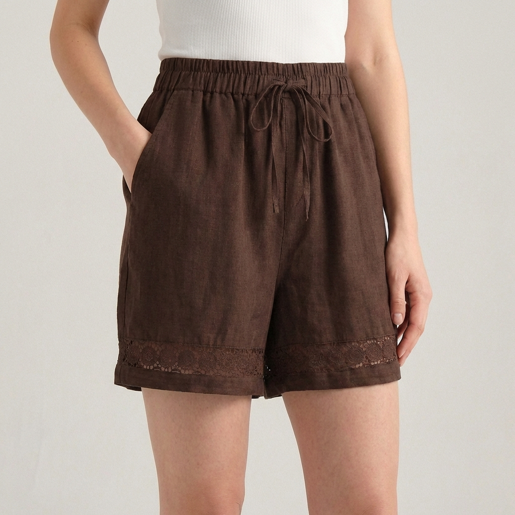 Wide-Leg Mini Shorts with Delicate Lace Hem and Drawstring Waist