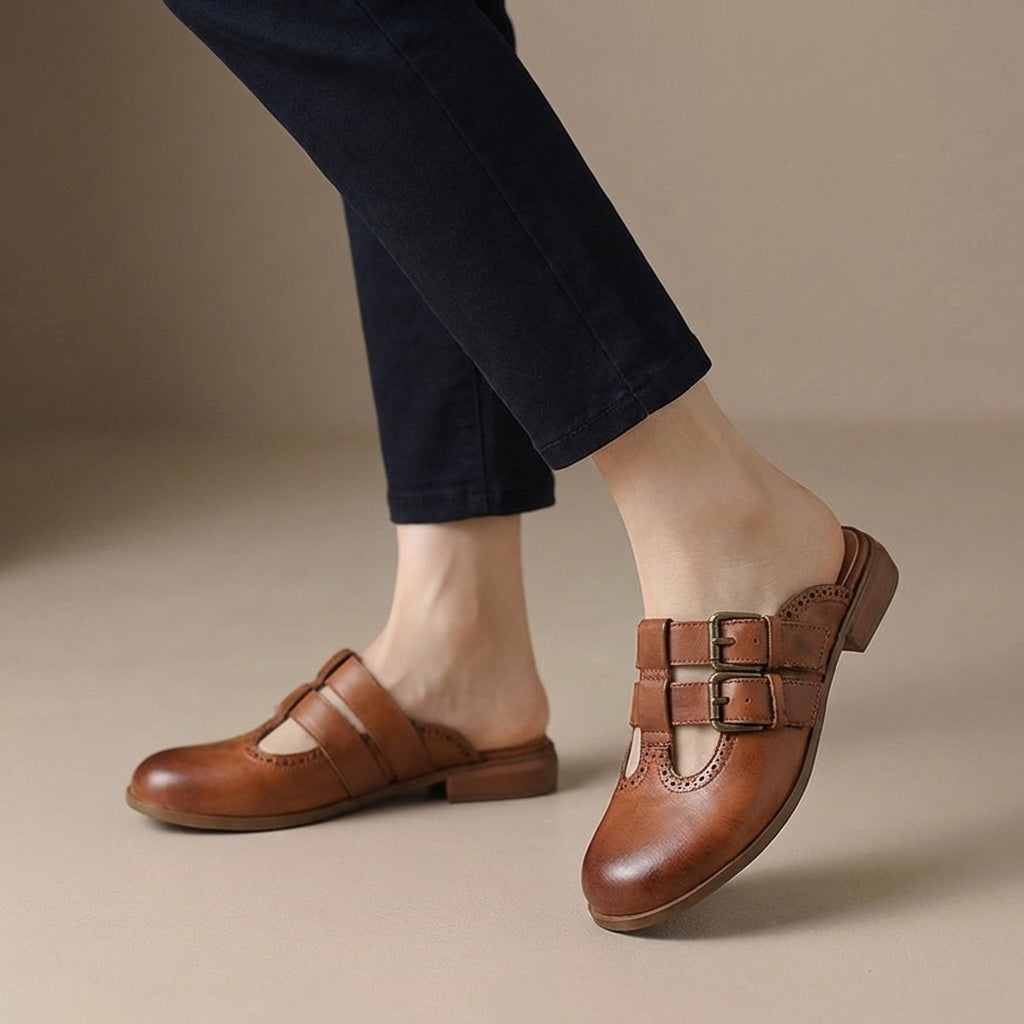 Slip-On Mule Heels with Brogue Detailing and Double Buckle Straps