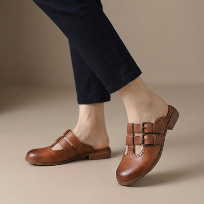 Slip-On Mule Heels with Brogue Detailing and Double Buckle Straps