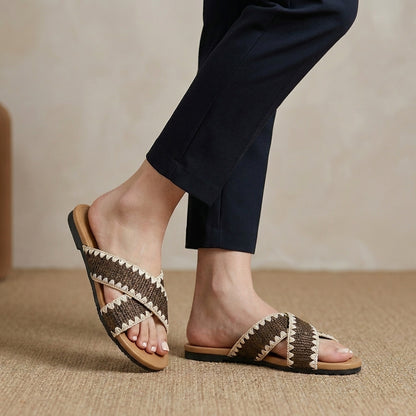 Woven Cross-Strap Slide Sandals with Scalloped Contrast Trim