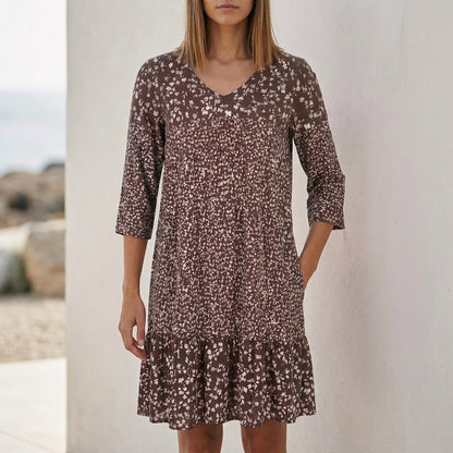 Relaxed Tiered A-Line Dress with V-Neck and 3/4 Sleeves in Fluid Draped Fabric