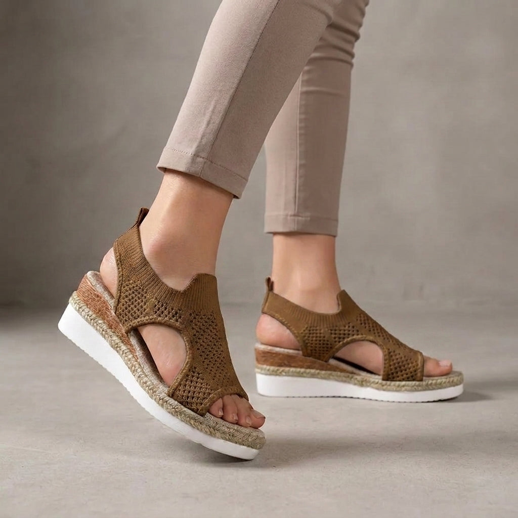 Breathable Perforated Knit Slingback Wedge Sandals with Textured Midsole