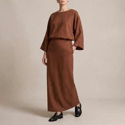Two-Piece Textured Woven Skirt Suit with Draped High-Waist Silhouette