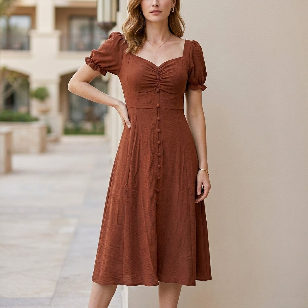 Sunset Muse Puff Sleeve Sweetheart Midi Dress