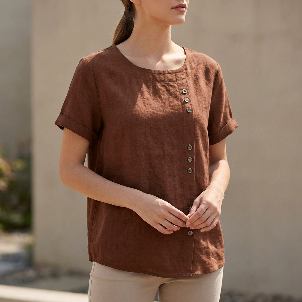 Relaxed Short Sleeve Blouse with Asymmetric Button Detail