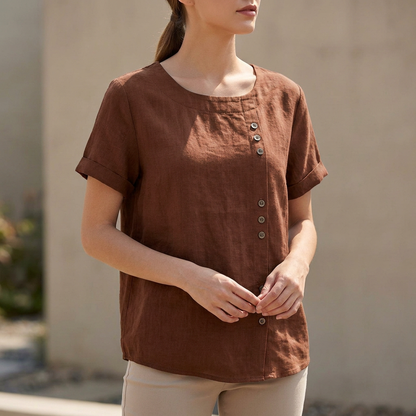 Relaxed Short Sleeve Blouse with Asymmetric Button Detail