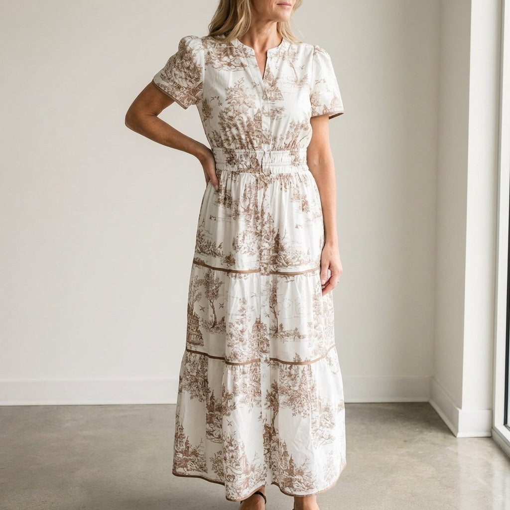 Camille Elegant Maxi Dress with Tiered Skirt and Puff Sleeves