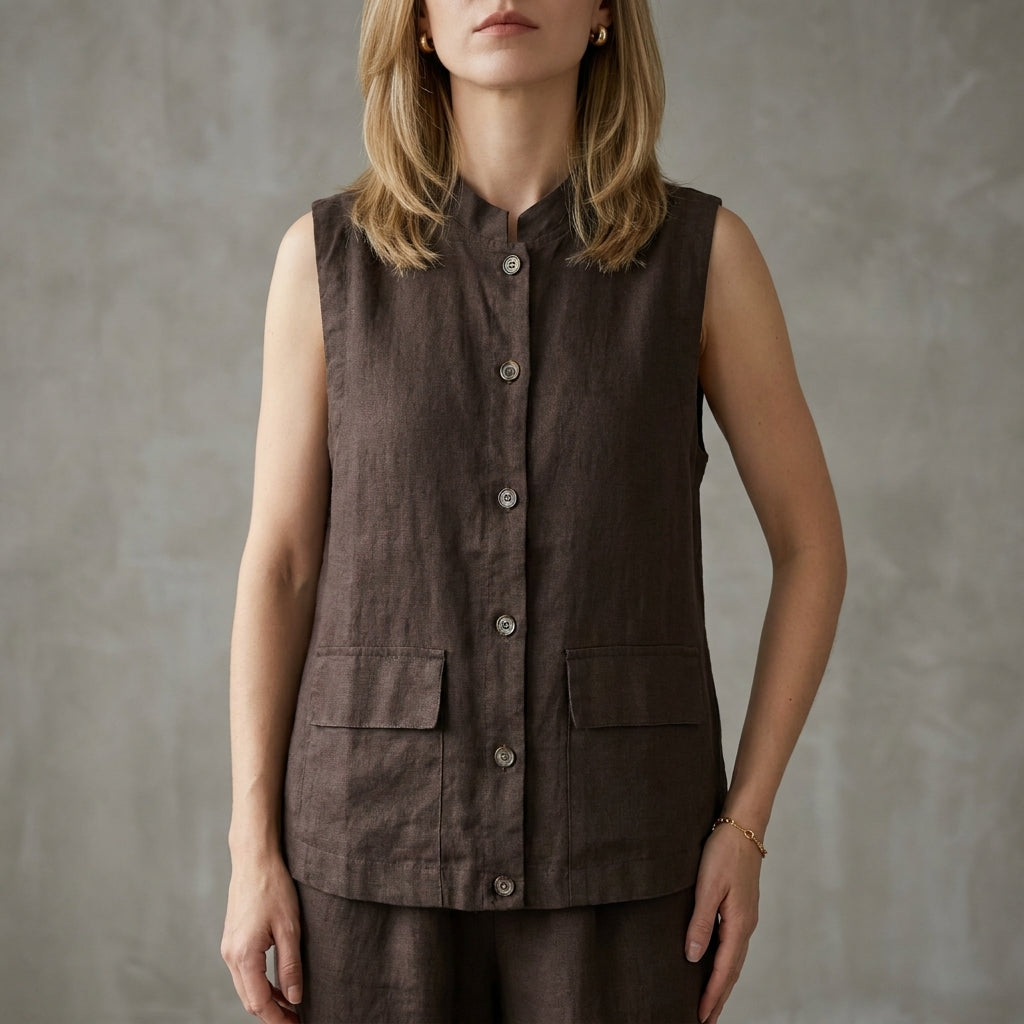 Minimalist Button-Up Sleeveless Blouse with Relaxed Fit and Front Pockets