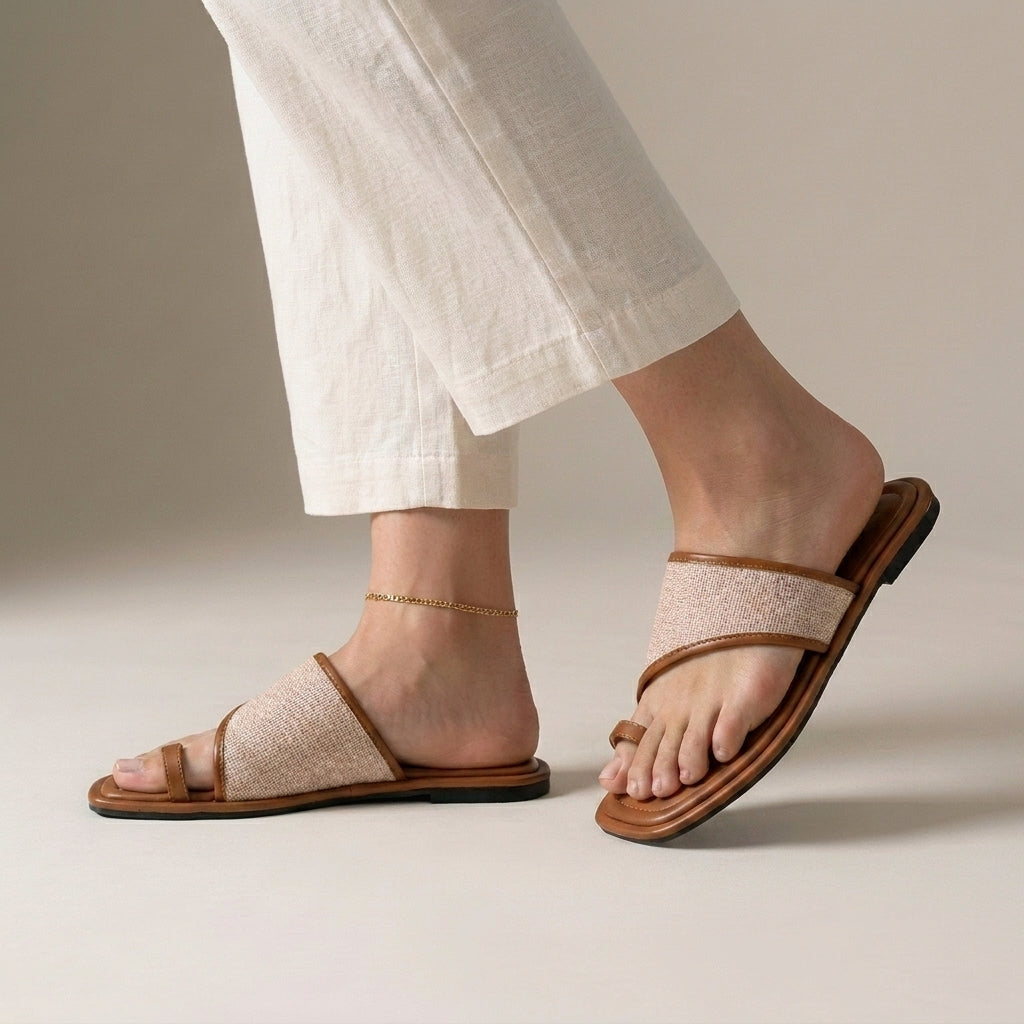 Asymmetrical Woven Toe-Loop Slide Sandals with Cushioned Footbed