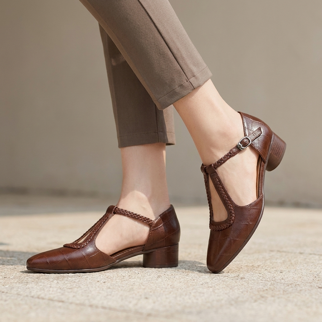 Embossed Braided T-Strap Mary Jane Flats with Block Heel