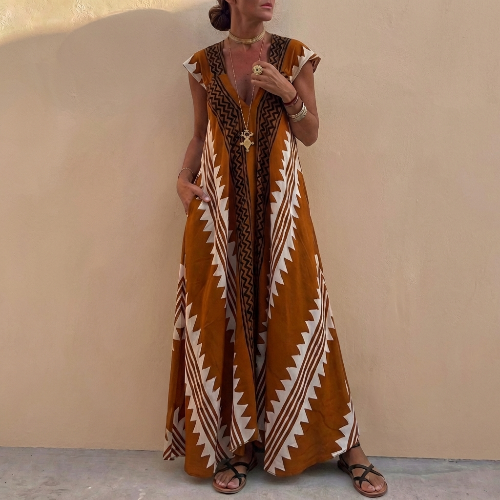 Bohemian-Inspired Flowing A-Line Maxi Dress with Deep V-Neck and Geometric Motifs