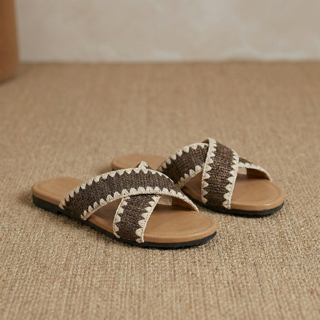 Woven Cross-Strap Slide Sandals with Scalloped Contrast Trim