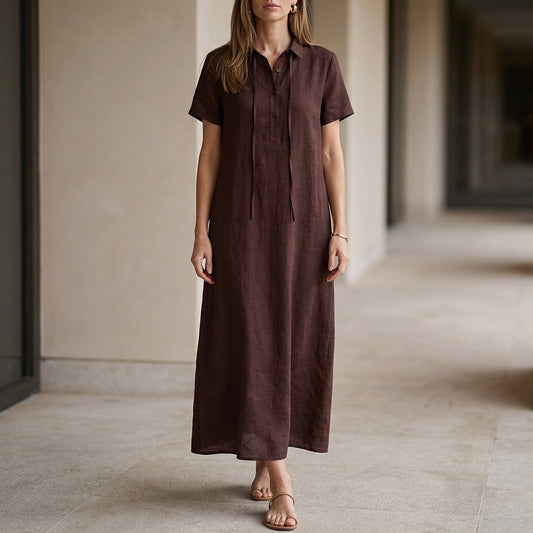 Vintage Tie Neck Midi Dress with Relaxed Short Sleeve Silhouette