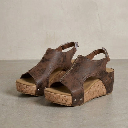 Modern Open-Toe Slip-On Wedge Sandals with Rivet Trim and Cork Platform