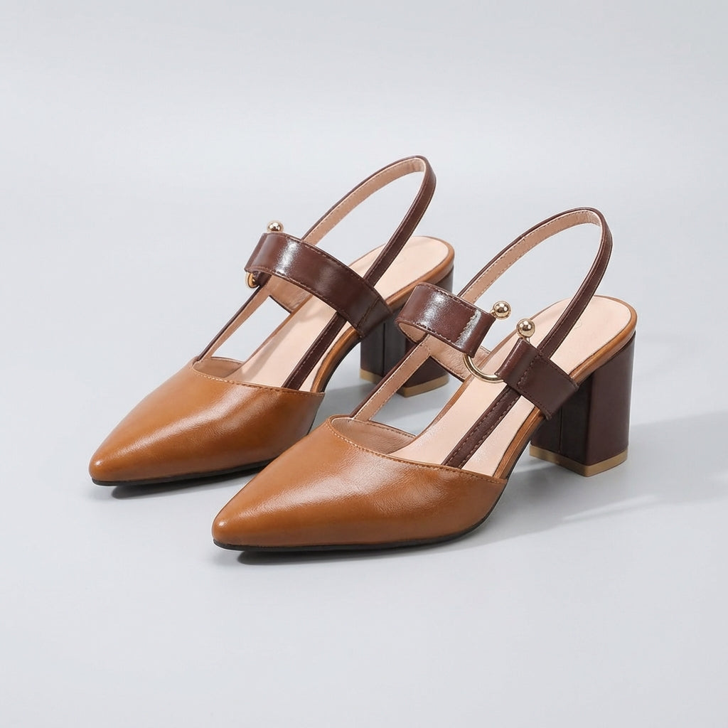 Elegant Leather Slingback Pumps with Buckled Strap and Transparent Insets