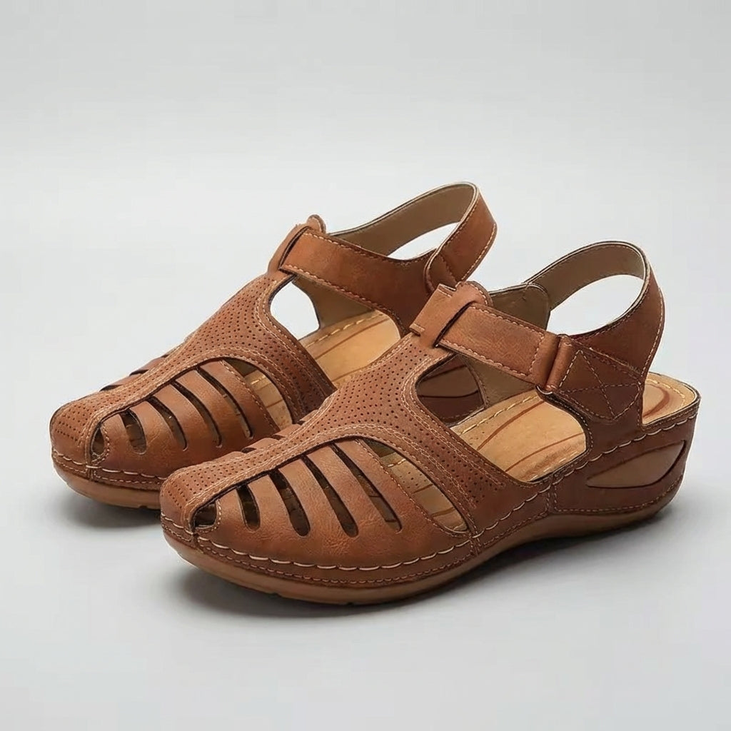 Refined Leather Wedge Sandals with Perforated Cut-Outs and Ankle Strap